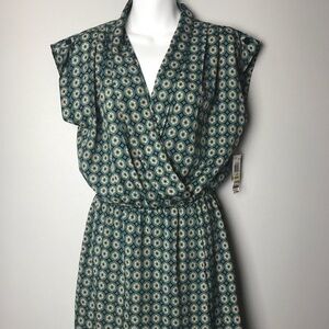 Maison Jules Green Patterned Dress with Blue and Tan Accents